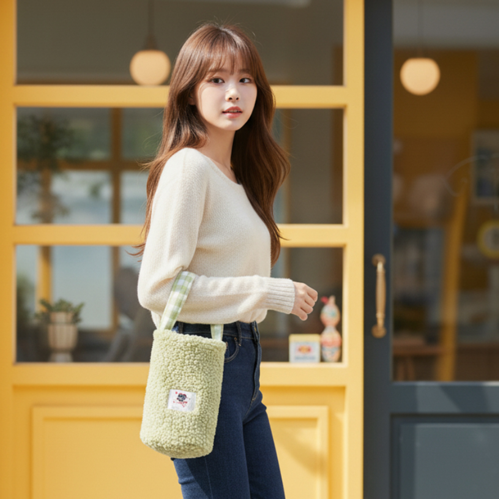 양털 뽀글이 토트백 미니가방 파우치 텀블러백 손잡이 물병가방 오렌지 - 상세 이미지 4