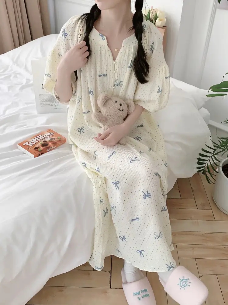 임산부 여름 원피스잠옷 파자마 리본 도트 루즈핏 수유홈웨어 - 상세 이미지 5