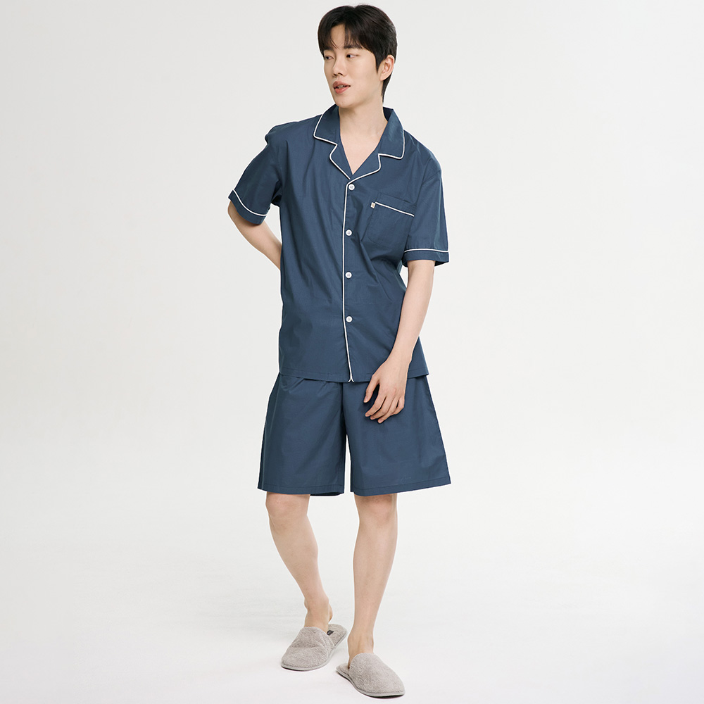 클래식네이비 남성 여름 반팔 순면 아사면 잠옷 파자마 홈웨어 세트 상품 이미지