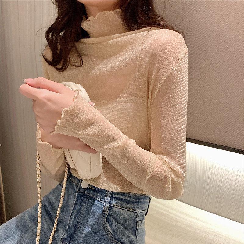 프릴 폴라티 티셔츠 물결 목폴라 망사 레이스 셔링 쉬폰 웨이브 시스루 - 상세 이미지 5