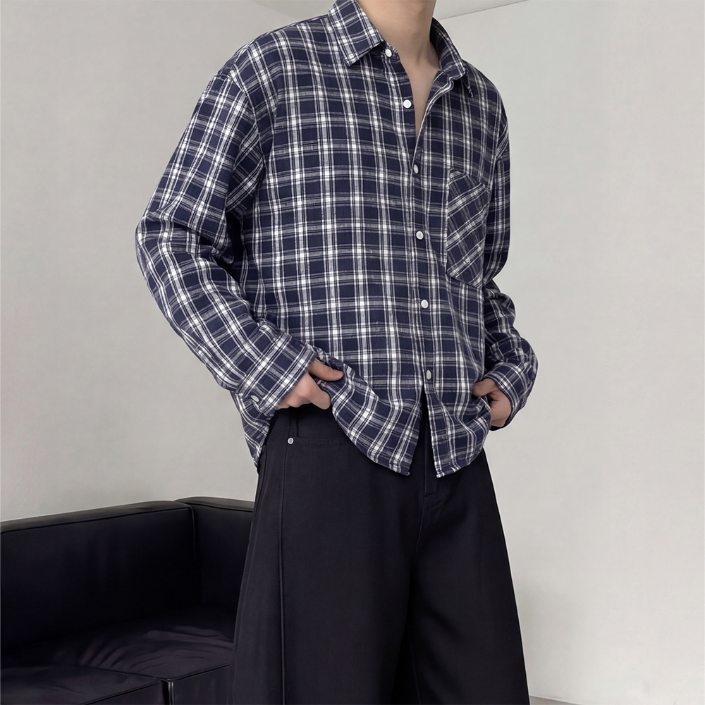 1+1 깅엄체크셔츠 남자크롭셔츠 - 상품 이미지