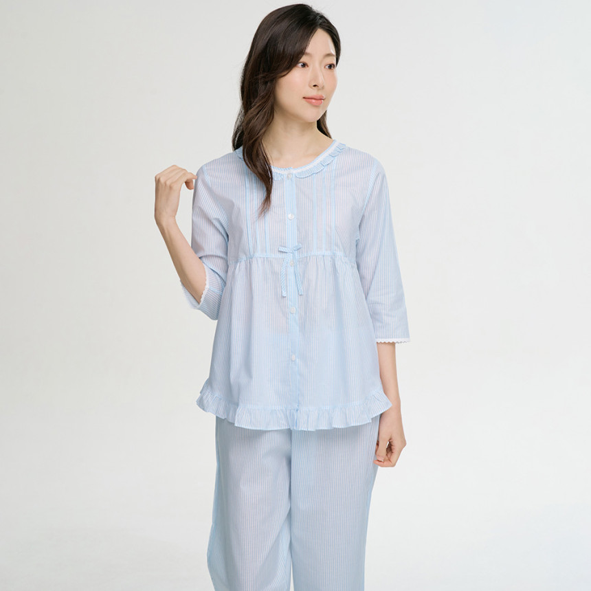 블루ST 여성 순면 7부 봄 가을 잠옷 파자마 홈웨어 세트