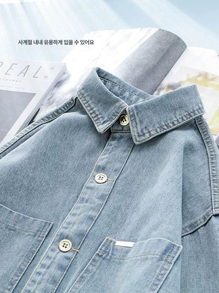 여성 데님 셔츠 빈티지 레트로 루즈핏 긴팔 남방 프렌치 재킷 봄 블라우스 연파랑 M 52.5-59kg - 상세 이미지 2