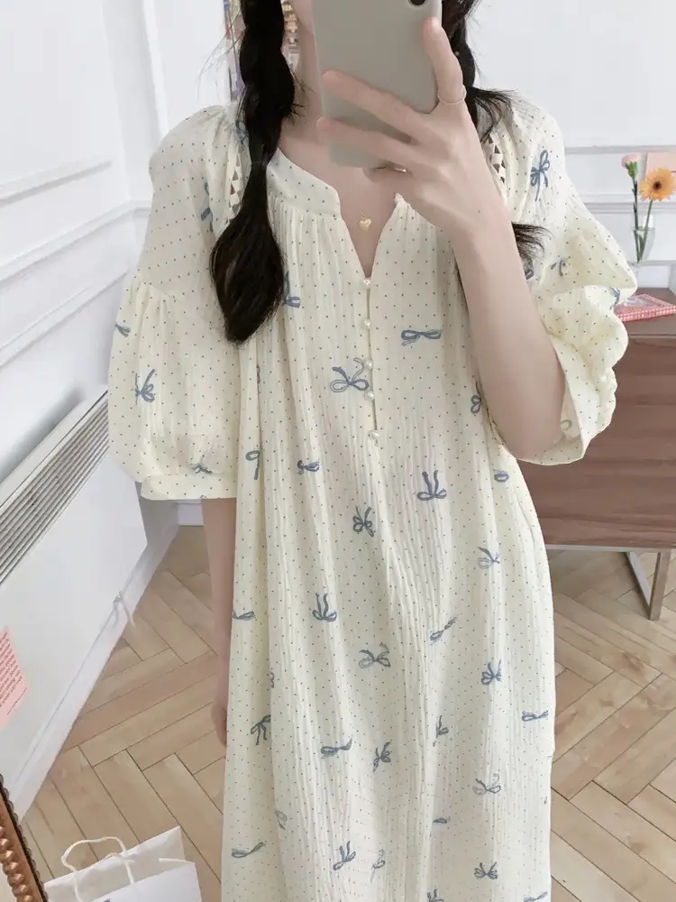 임산부 여름 원피스잠옷 파자마 리본 도트 루즈핏 수유홈웨어 - 상품 이미지