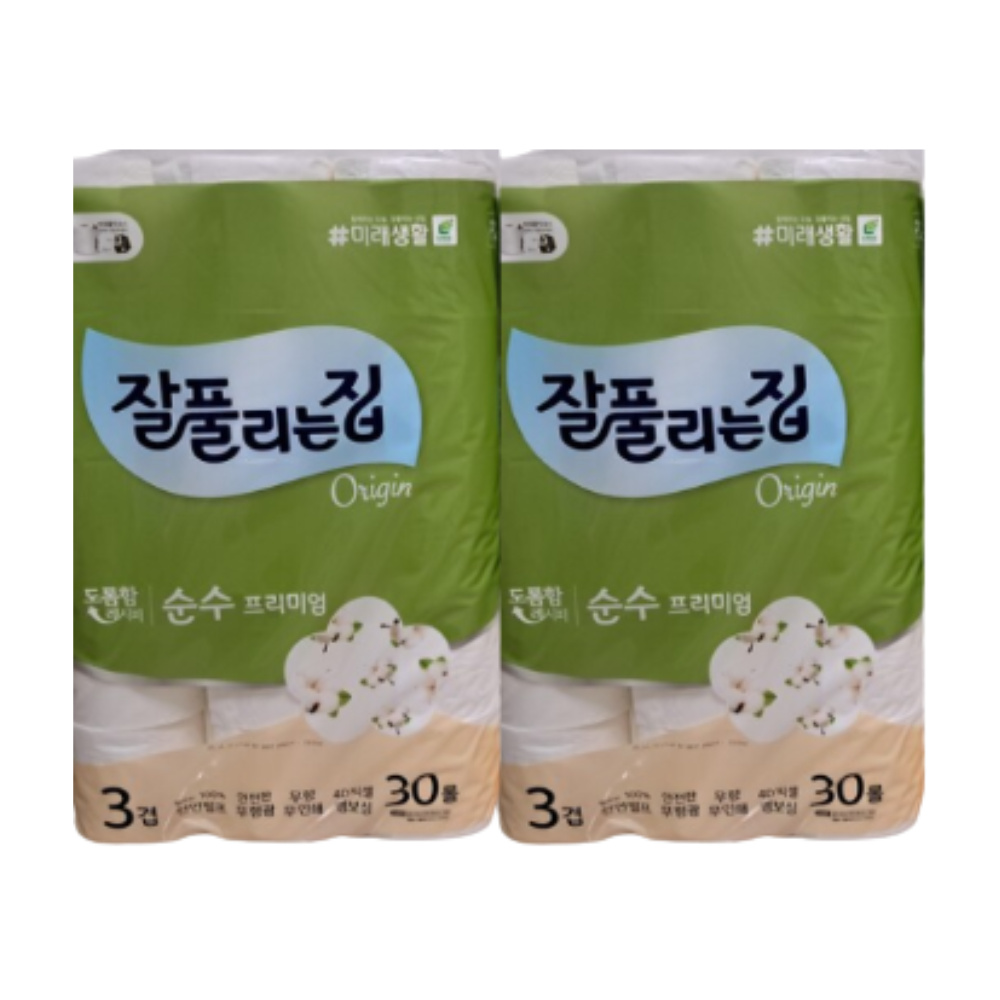 잘풀리는집 순수프리미엄 천연펄프 3겹 화장지 30M 30롤 x2팩 - 상품 이미지