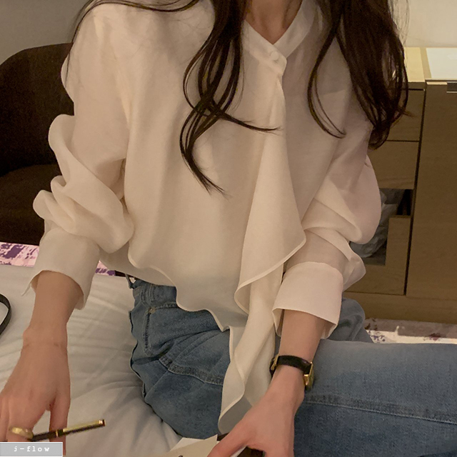 브래시 프릴 스카프 텐셀 블라우스 3col 봄 가을 랩 타이 쉬폰 실키 하객룩 제이플로우 - 상세 이미지 4