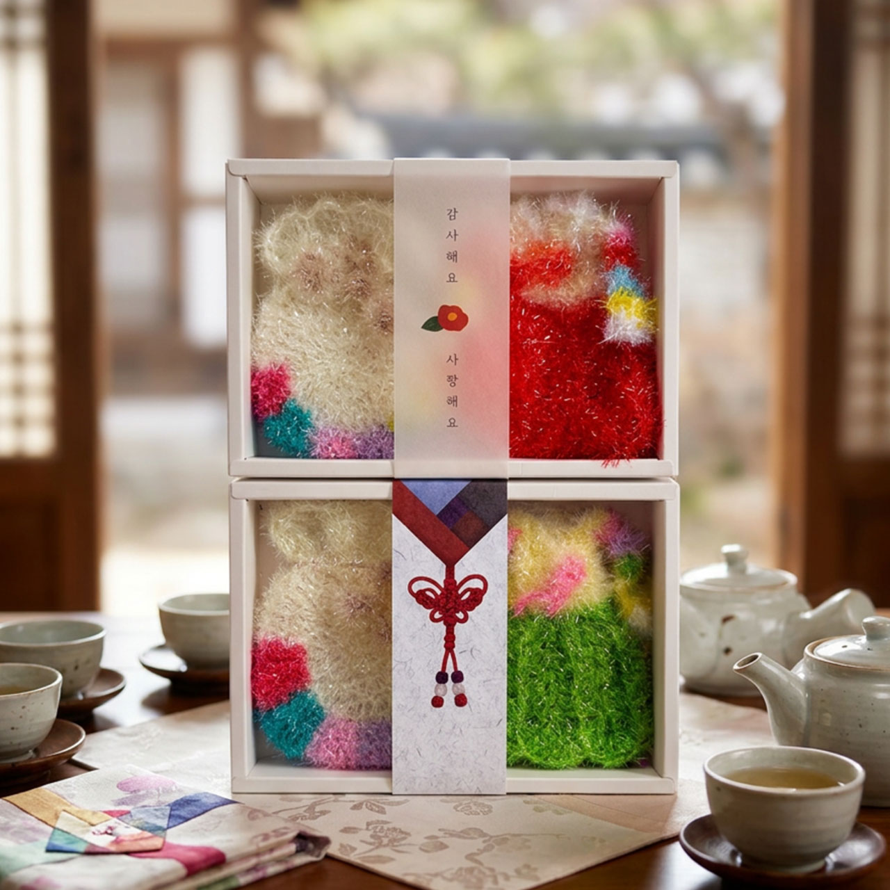 핸드메이드 한복 복주머니 수세미 선물 세트 손뜨개 새해 설날 추석 선물 외국인 돌 답례품 - 상세 이미지 3