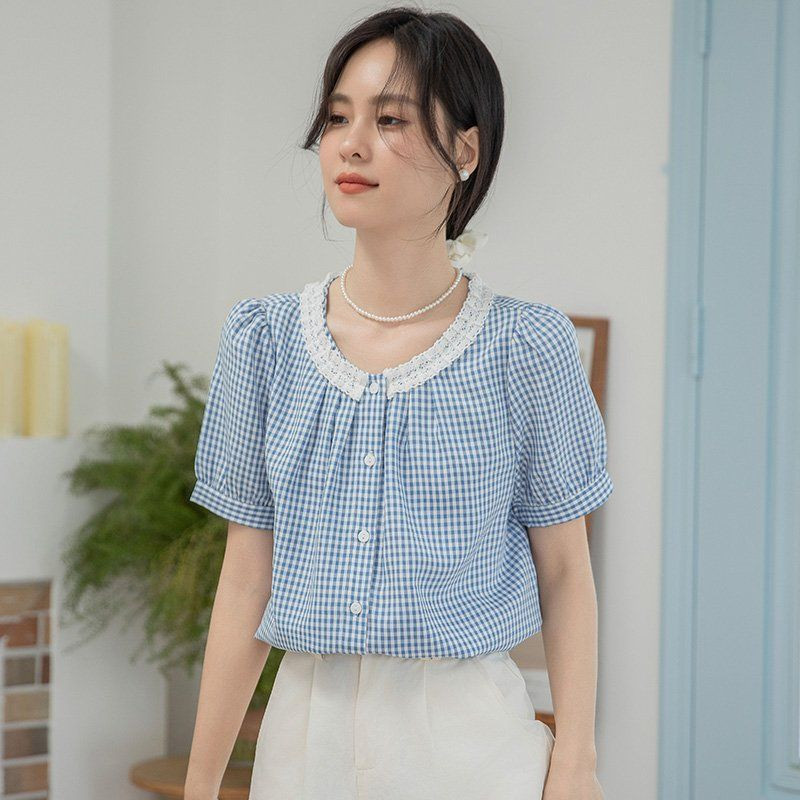 봄 여름 슬림핏 체크 반팔 블라우스 레이스넥 퍼프소매 셔츠 데일리룩 데이트룩 러블리 이미지 6