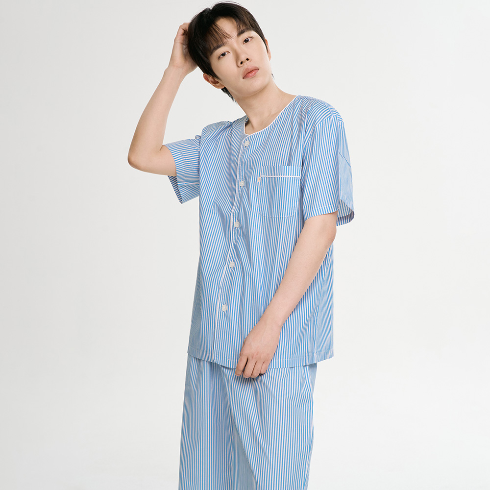 블루ST 반팔 순면 빅사이즈 남자 파자마 잠옷 세트 이미지 3