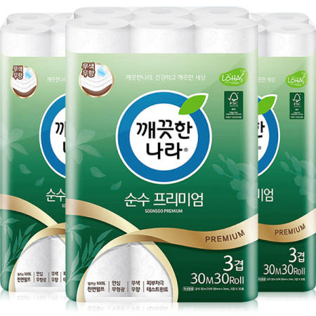 깨끗한나라 순수 프리미엄 화장지 30 두루마리 휴지 30m, 30롤, 3팩