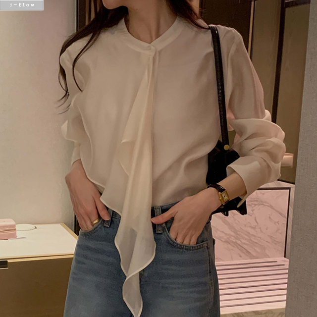 브래시 프릴 스카프 텐셀 블라우스 3col 봄 가을 랩 타이 쉬폰 실키 하객룩 제이플로우 - 상품 이미지