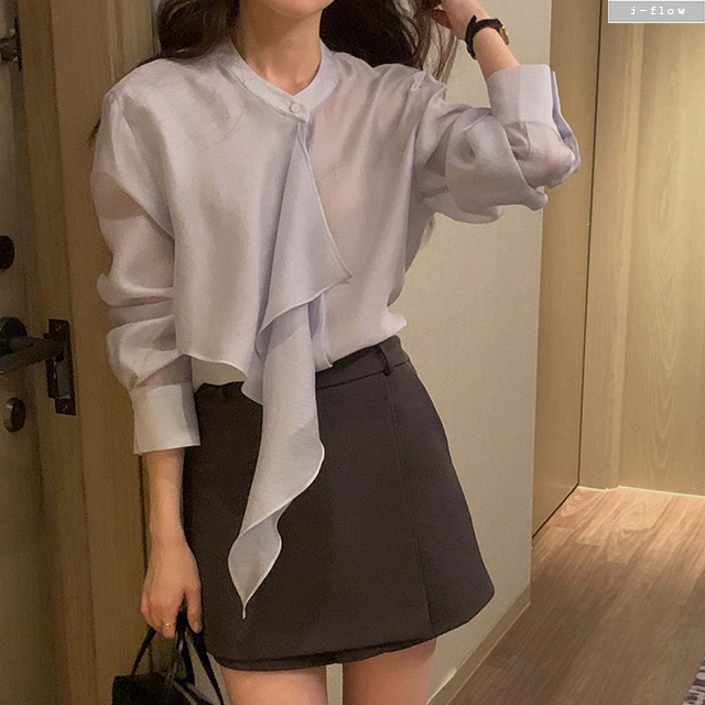브래시 프릴 스카프 텐셀 블라우스 3col 봄 가을 랩 타이 쉬폰 실키 하객룩 제이플로우 - 상세 이미지 3