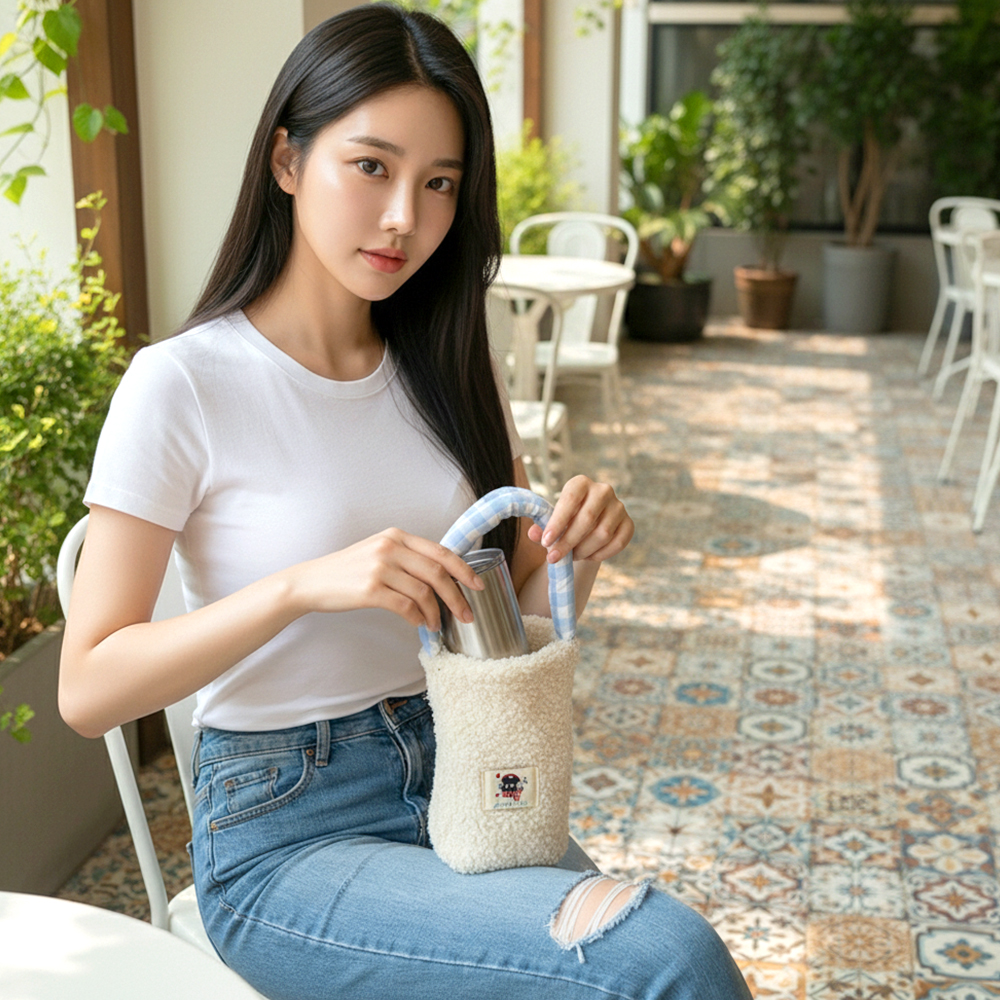 양털 뽀글이 토트백 미니가방 파우치 텀블러백 손잡이 물병가방 오렌지 - 상세 이미지 3