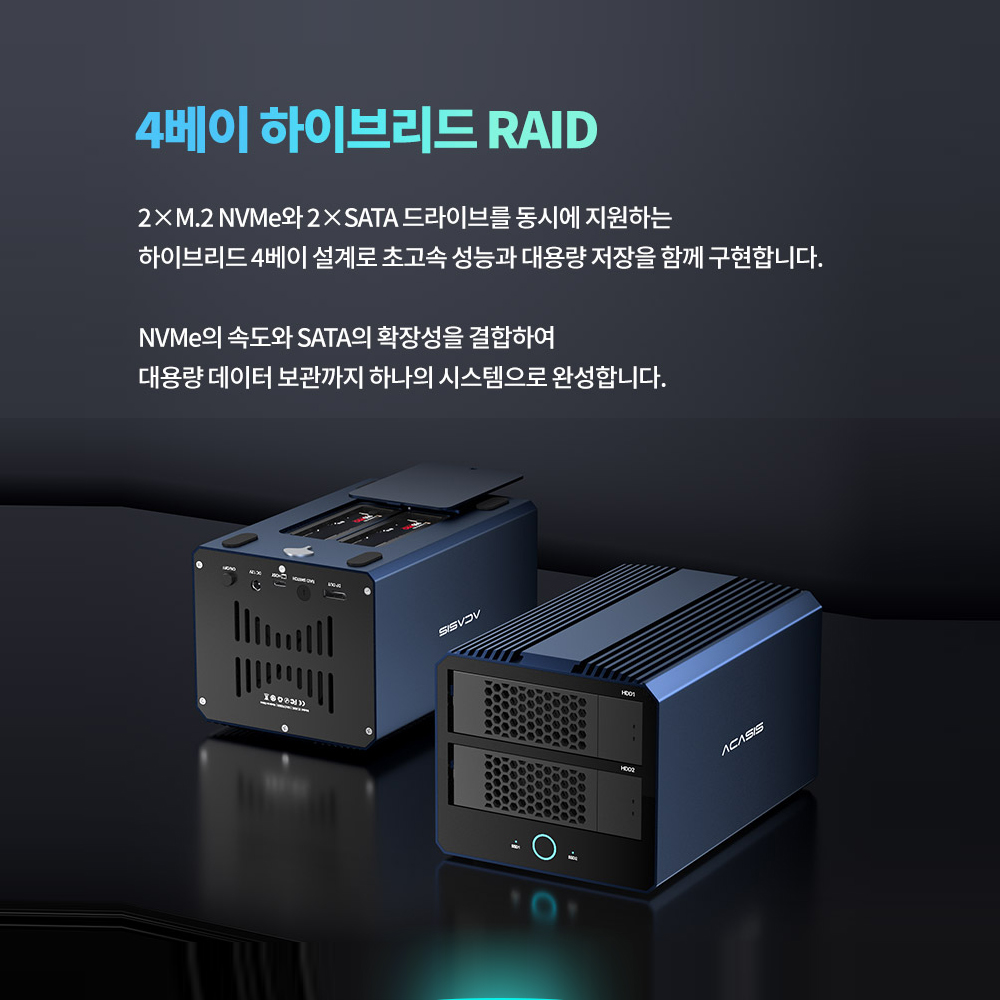 아카시스 H004 하이브리드 RAID 4베이 HDD 2bay/M.2 NVMe 2bay 40Gbps 외장스토리지 DAS 외장 케이스 하드디스크+아이언울프 2TB X 1EA 이미지 6