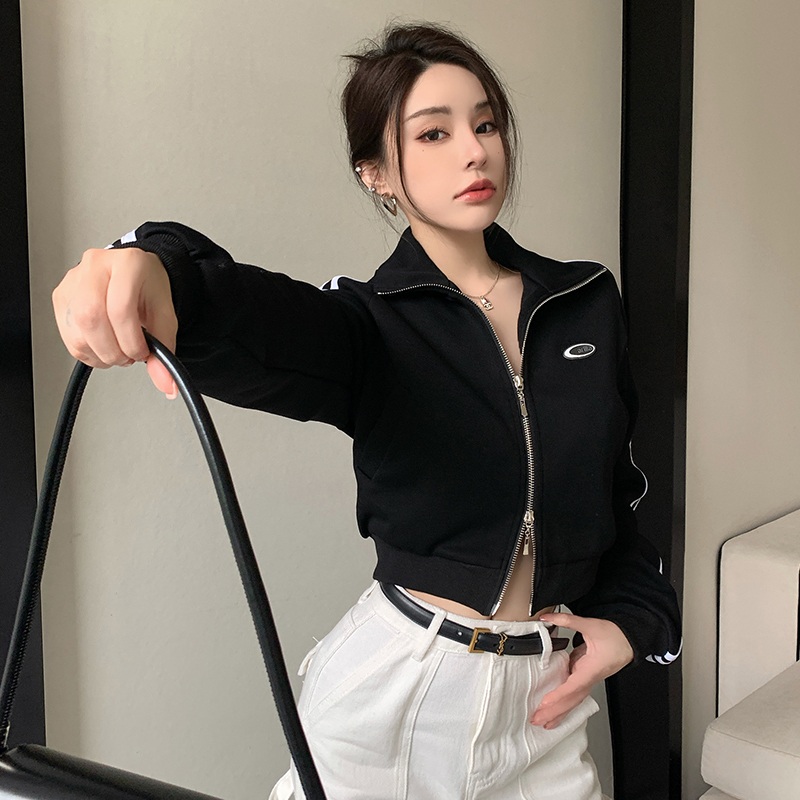 봄 여성 크롭 트랙 집업 자켓 배색라인 하이넥 캐주얼 점퍼 데일리룩 - 상세 이미지 2