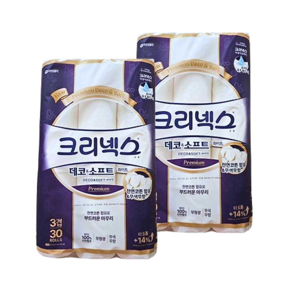 크리넥스 3겹 데코앤소프트 화이트 25M 30롤 x2팩 - 상품 이미지