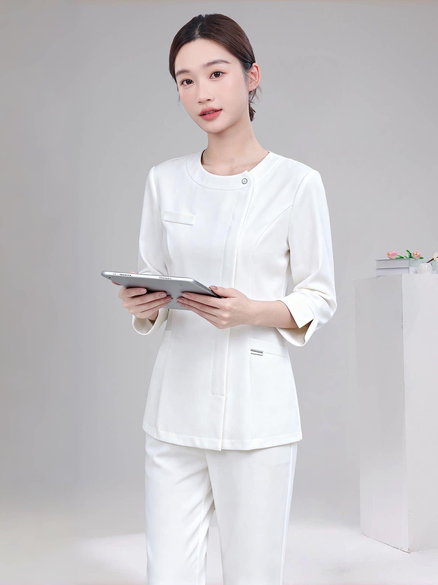 마사지사 피부관리사 유니폼 에스테틱 미용실 작업복 블랙 반팔+블랙 긴바지 S - 상세 이미지 3