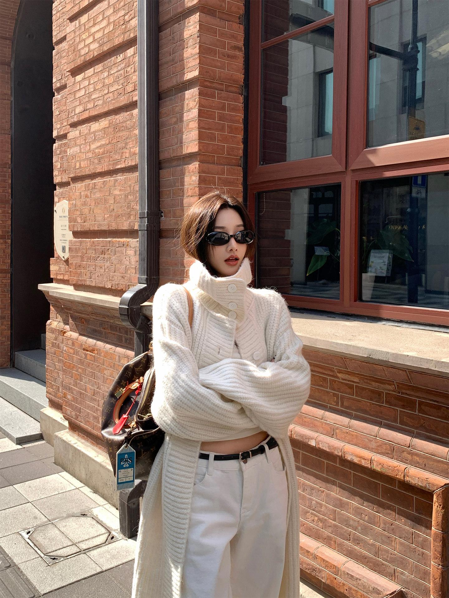 여성 니트 롱가디건 아우터 카라 터틀넥 - 상품 이미지