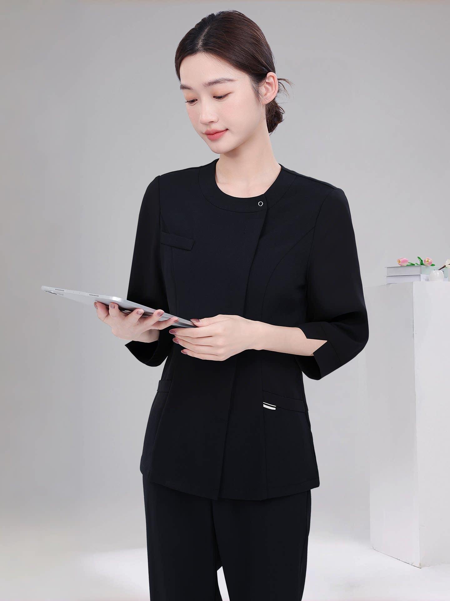 마사지사 피부관리사 유니폼 에스테틱 미용실 작업복 블랙 반팔+블랙 긴바지 S - 상세 이미지 2