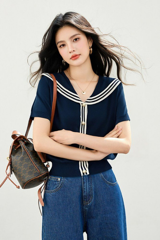 봄 여름 여성 슬림핏 세일러 카라 반팔 가디건 마린룩 데일리룩 브이넥 배색 버튼 포인트 - 상세 이미지 2
