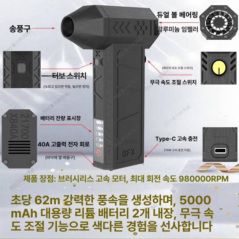 미니 휴대용 송풍기 블랙 청소기 브로워 에어건 강풍력 송풍 흡입 통합 620-750g 1180000 10000mAh 21700대 A급 셀 2025 - 상세 이미지 4