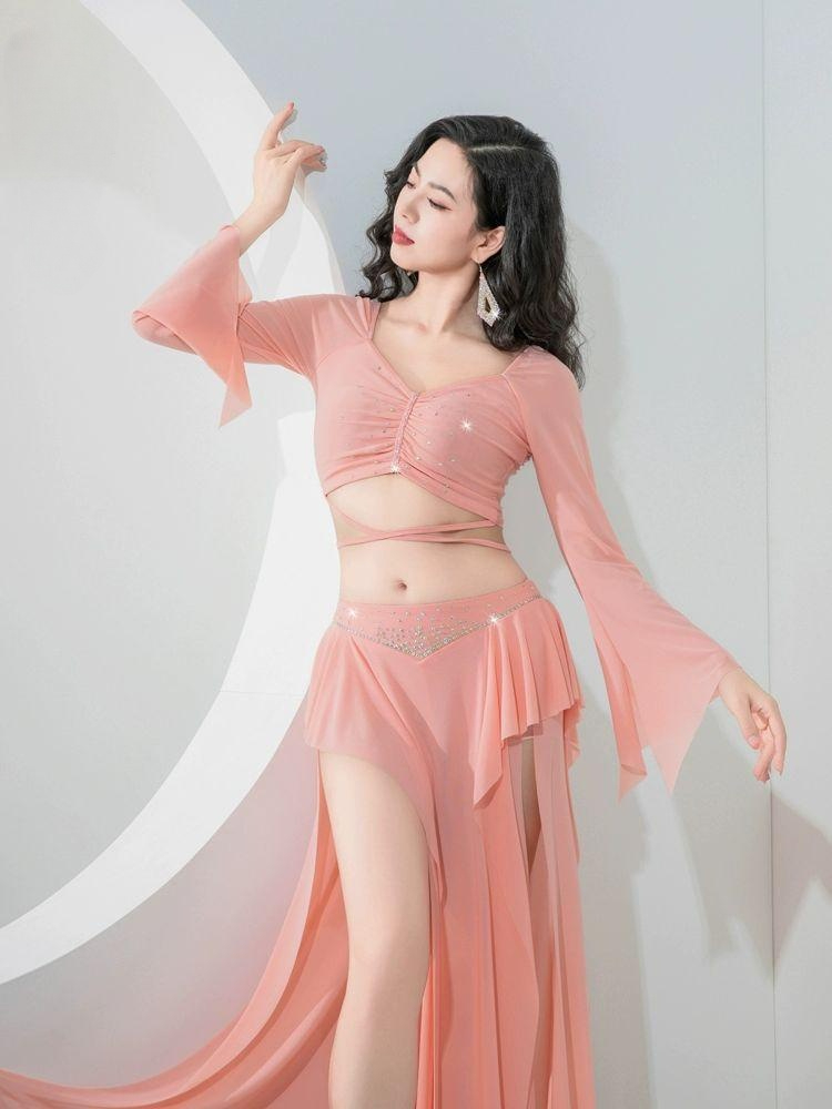 밸리댄스복 벨리댄스의상 롱스커트 라인 상의 로즈핑크 M - 상품 이미지
