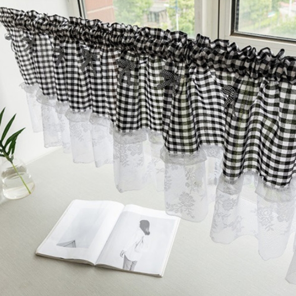 주방 창문 커튼 미니 가림막 블랙 체크 무늬 인테리어 가리개 가림막 레이스 다용도 창