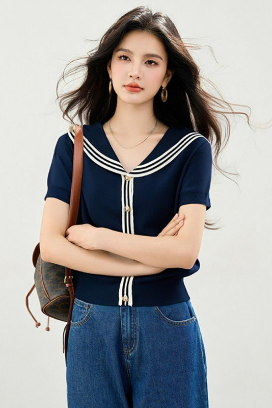 봄 여름 여성 슬림핏 세일러 카라 반팔 가디건 마린룩 데일리룩 브이넥 배색 버튼 포인트 - 상세 이미지 5