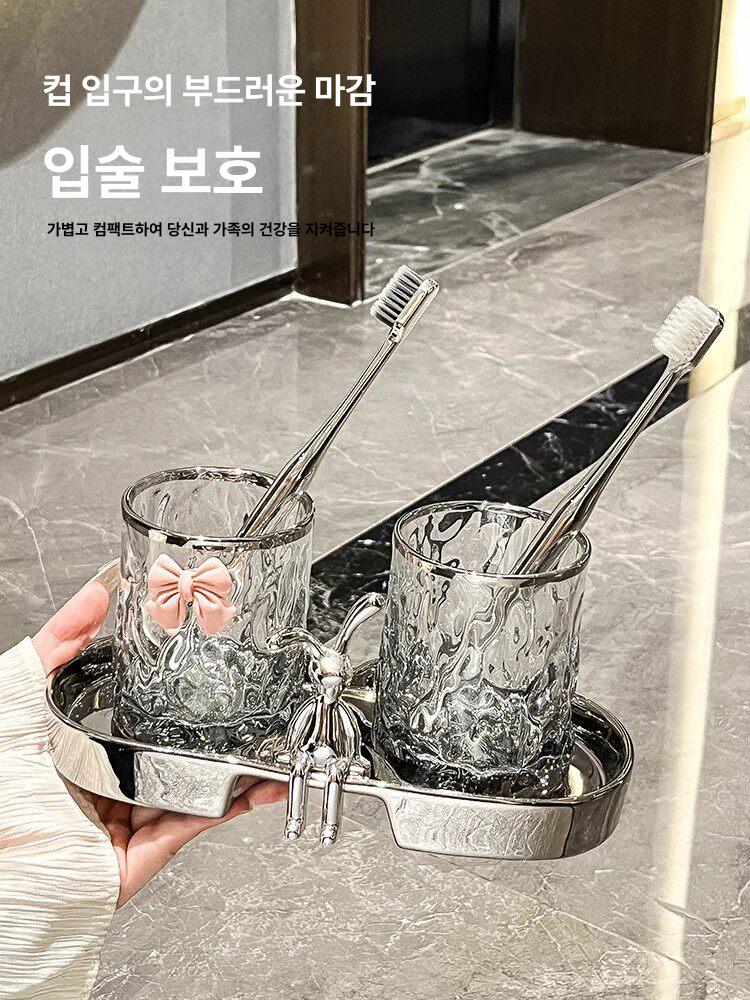 고급 칫솔꽂이 양치컵 치약 세트 아크릴 트레이 럭셔리 나뭇결 치아컵-투명 - 상세 이미지 4