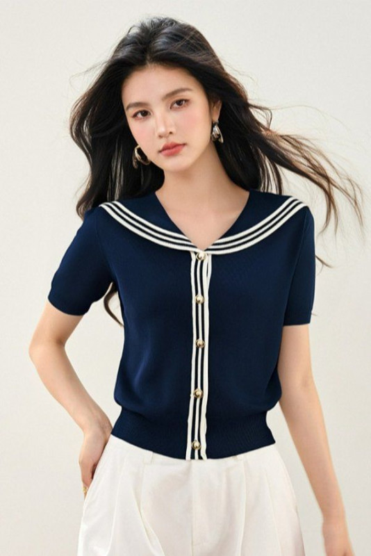 봄 여름 여성 슬림핏 세일러 카라 반팔 가디건 마린룩 데일리룩 브이넥 배색 버튼 포인트 - 상세 이미지 4