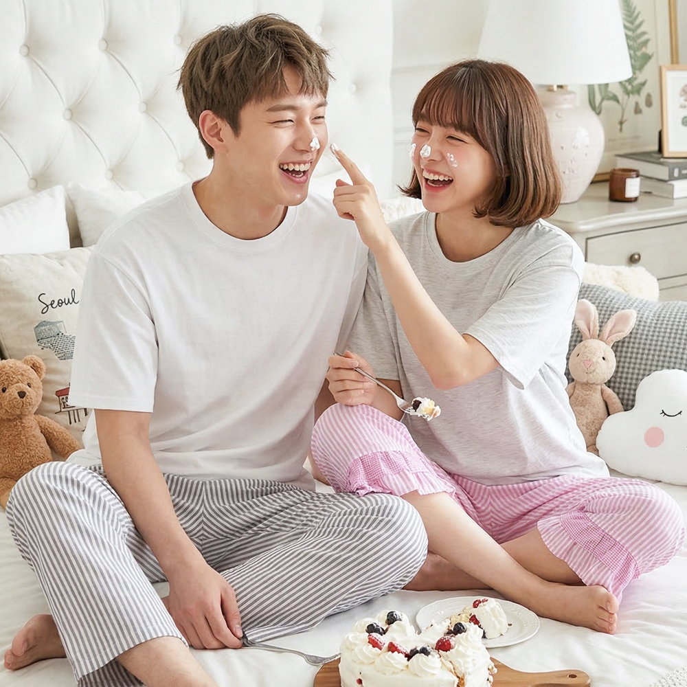 커플 잠옷 9부 8부 줄무늬 바지 홈웨어 여성 남성 스트라이프 멜로우 파자마 - 상세 이미지 5