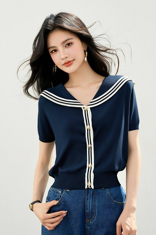 봄 여름 여성 슬림핏 세일러 카라 반팔 가디건 마린룩 데일리룩 브이넥 배색 버튼 포인트 - 상세 이미지 3