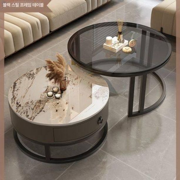 대리석 거실 세라믹 카페 좌탁 원형 테이블 70cm 스노우화이트+스노우화이트 블랙 그레이 - 상세 이미지 2