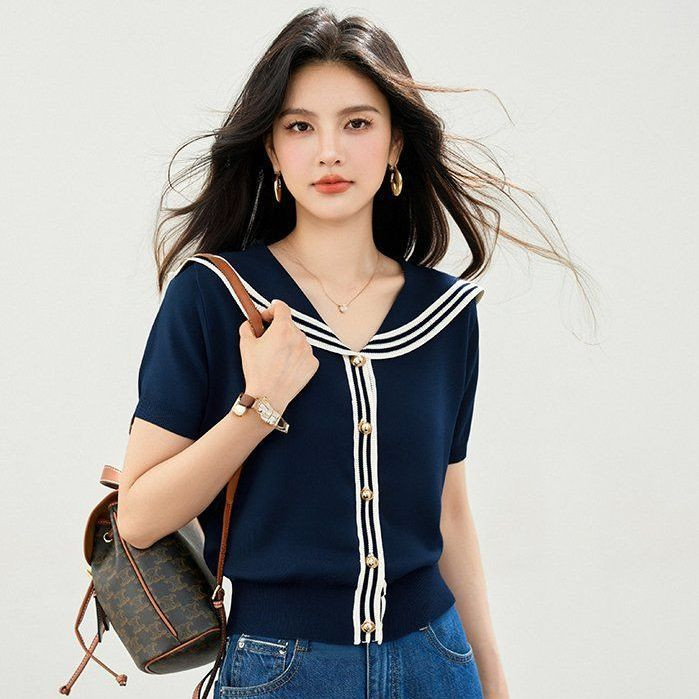 봄 여름 여성 슬림핏 세일러 카라 반팔 가디건 마린룩 데일리룩 브이넥 배색 버튼 포인트 - 상품 이미지