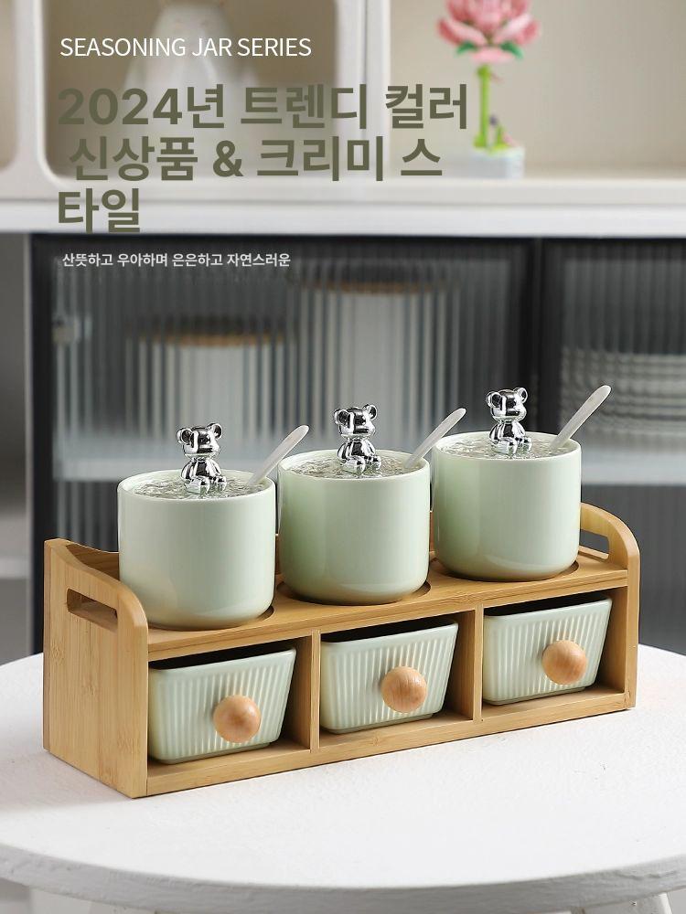 우드 도자기 양념통 소스통 6개 정리대 조미료통 6개 골프 대나무 뚜껑 선반 포함 - 상세 이미지 3