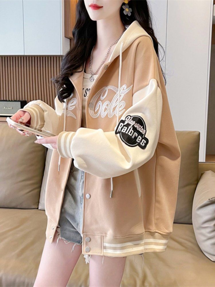 여성야구점퍼 바시티자켓 야구잠바 스타디움 후드 봄 가을 A.블랙-봄가을얇은스타일 M - 상세 이미지 5
