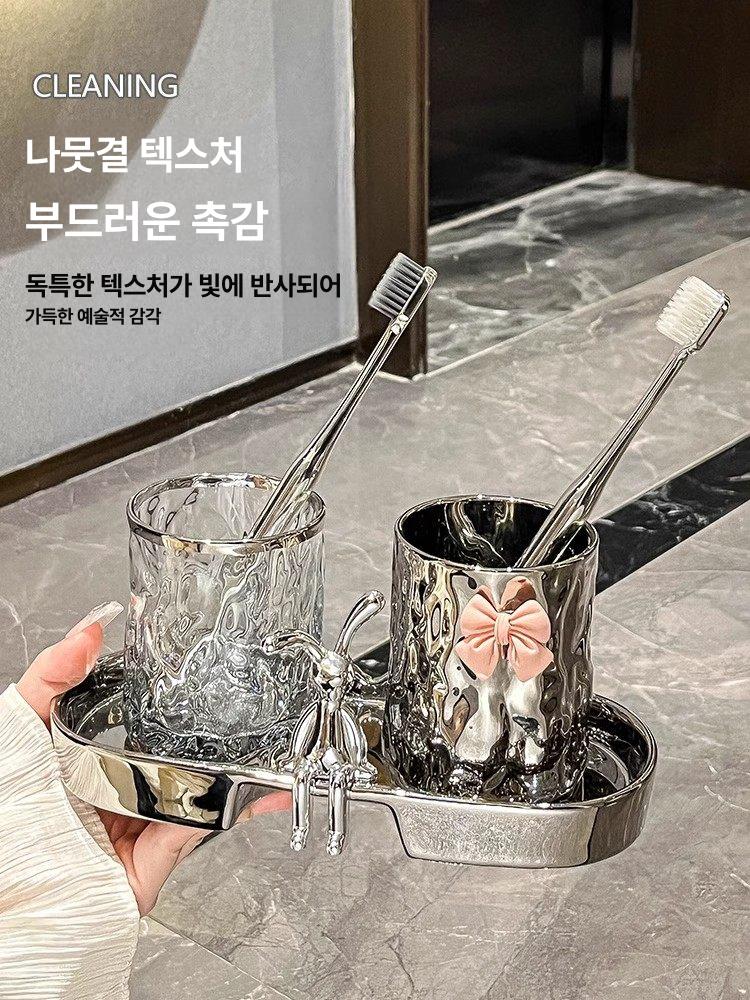 고급 칫솔꽂이 양치컵 치약 세트 아크릴 트레이 럭셔리 나뭇결 치아컵-투명 - 상세 이미지 3