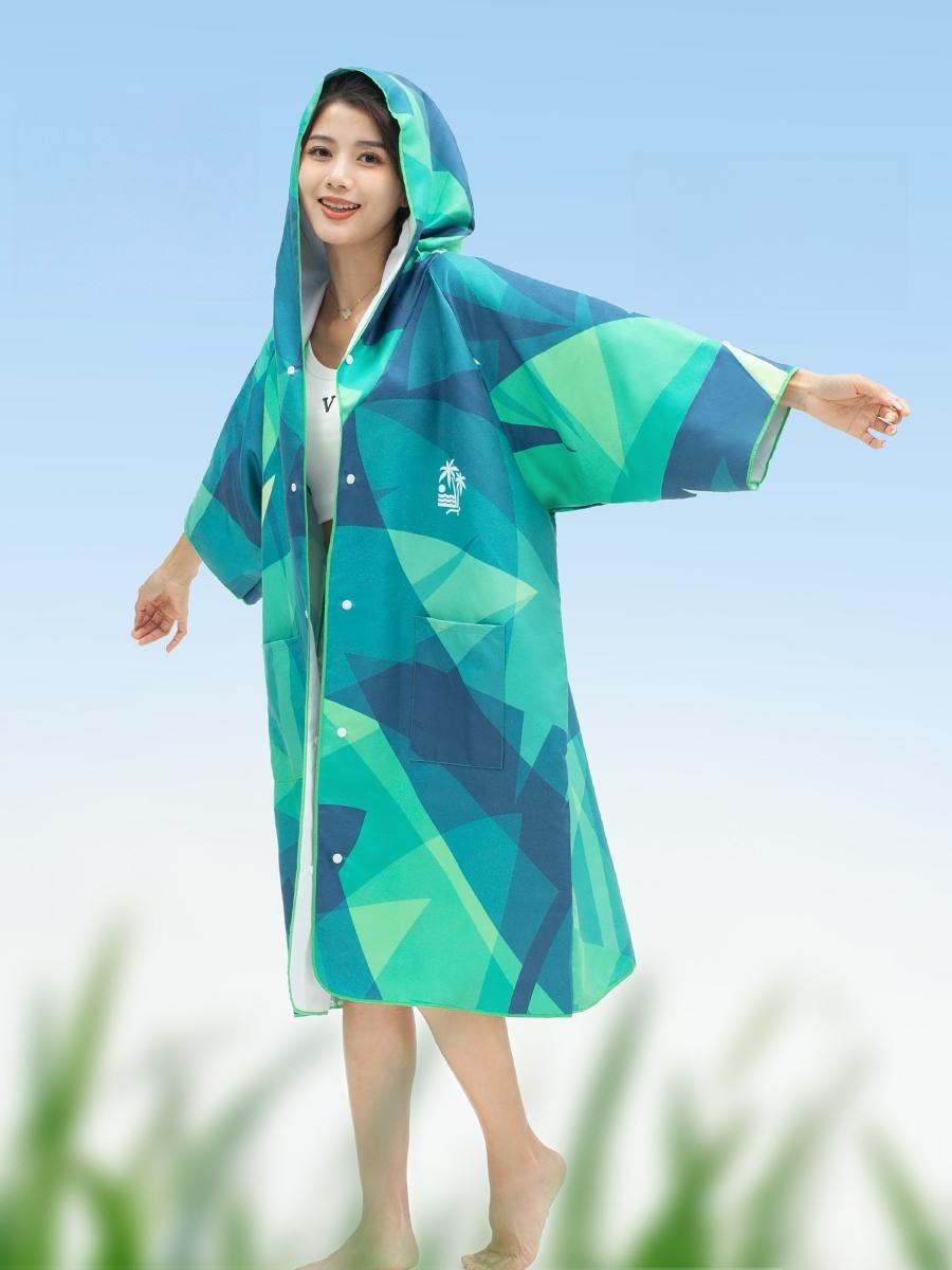 여성 수영가운 후드 타월 웨어러블 다이빙 스쿠버 [시더그린 아일랜드] 세로형 포켓 인기 외모 (150-190cm) 남녀 공용 - 상품 이미지