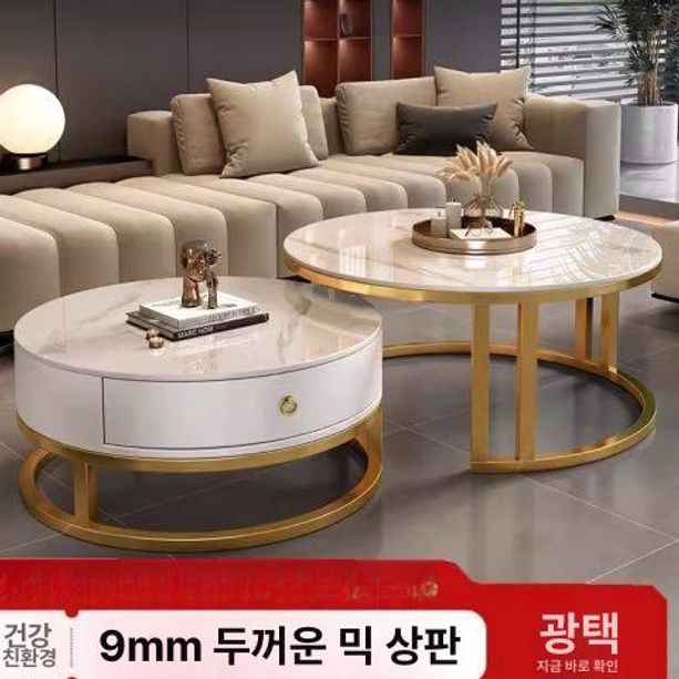 대리석 거실 세라믹 카페 좌탁 원형 테이블 70cm 스노우화이트+스노우화이트 블랙 그레이 - 상세 이미지 3