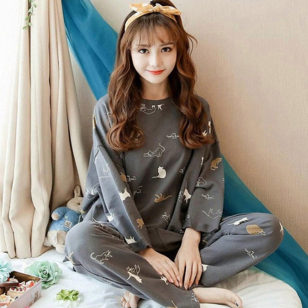 여자 봄 가을 긴팔 잠옷 원피스 파자마 - 상세 이미지 3