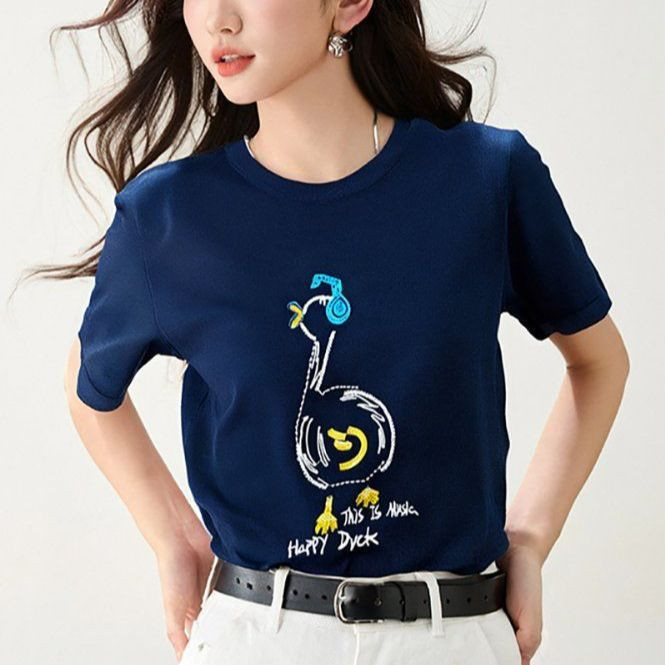 봄 여름 여성 루즈핏 캐릭터 레터링 반팔 티셔츠 캐주얼룩 데일리룩 유니크 라운드넥 포인트 - 상품 이미지