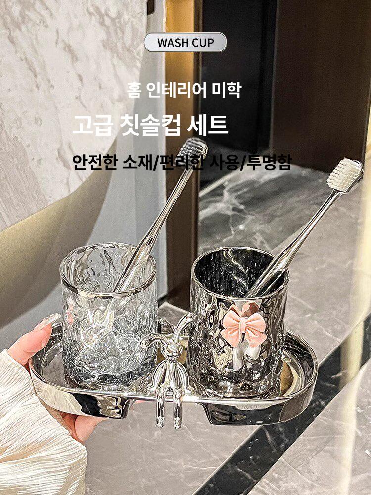고급 칫솔꽂이 양치컵 치약 세트 아크릴 트레이 럭셔리 나뭇결 치아컵-투명 - 상세 이미지 2