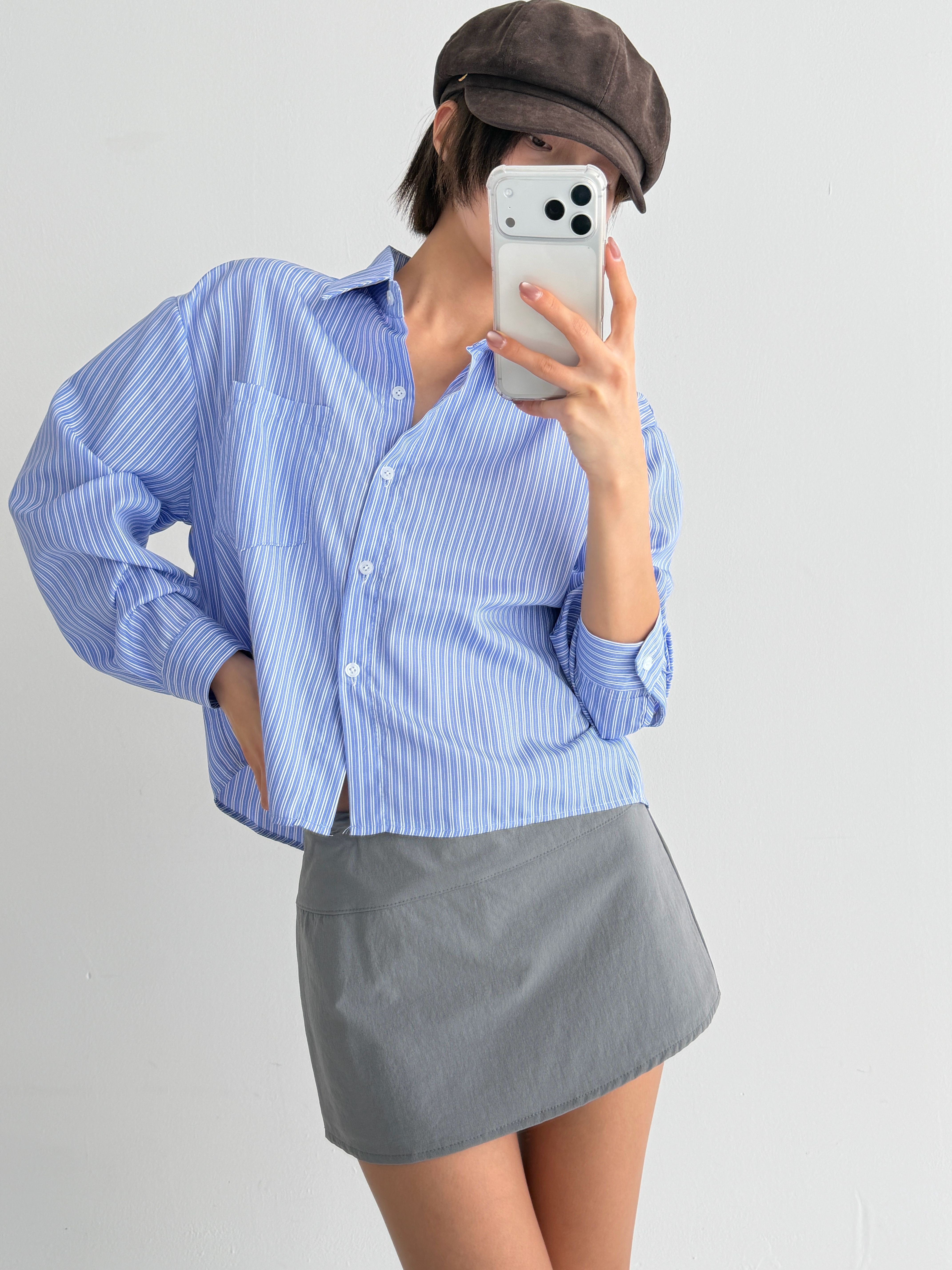 토쿠 여성 스트라이프셔츠 크롭셔츠 오버핏 블라우스 살안타 봄 남방 - 상세 이미지 5