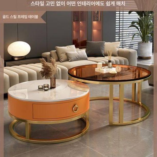 대리석 거실 세라믹 카페 좌탁 원형 테이블 70cm 스노우화이트+스노우화이트 블랙 그레이 - 상세 이미지 5