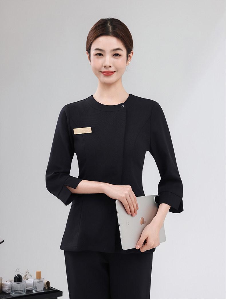 마사지사 피부관리사 유니폼 에스테틱 미용실 작업복 블랙 반팔+블랙 긴바지 S - 상세 이미지 5