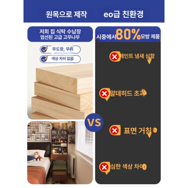 프리미엄 빈티지 원목 미니 화장대 침실용 침대 협탁 일체형 코너 틈새화장대 - 상세 이미지 3