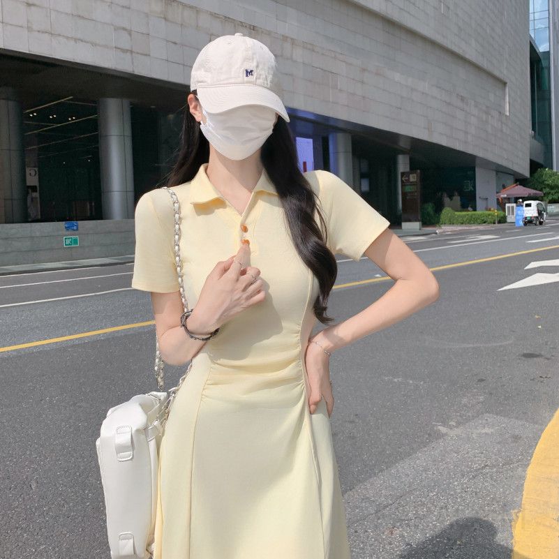 여성 페미닌 출근룩 코튼 셔링 폴로넥 A라인 롱 원피스 하객룩 오피스룩 미디원피스 반팔원피스 슬림핏 피케원피스 - 상세 이미지 5