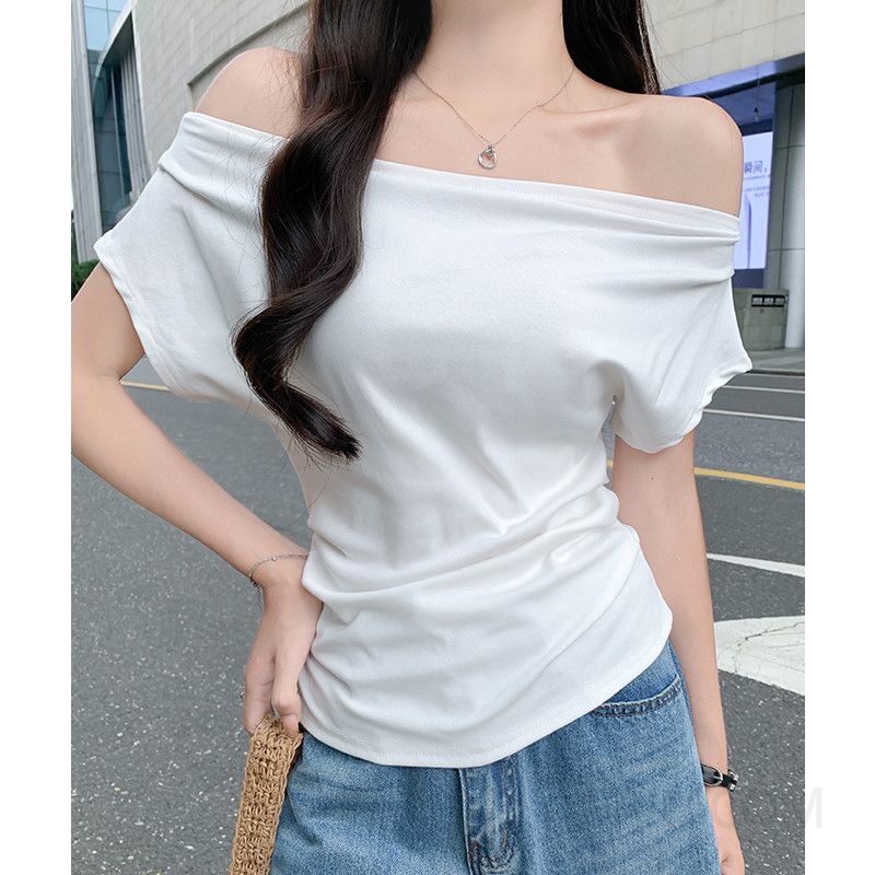 여성 데일리 캐주얼 루즈핏 면 오프숄더 입술넥 반팔 티셔츠 오피스룩 출근룩 데이트룩 놈코어룩 여리여리핏 보트넥 - 상세 이미지 4