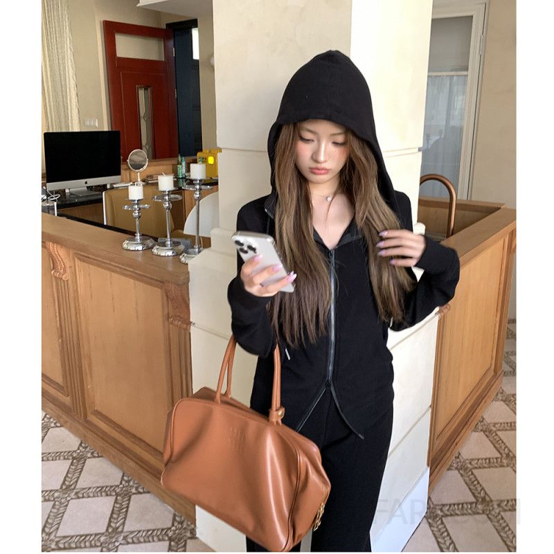 여성 캐주얼 스트릿 무드 레이온 스판 후드 집업 와이드 팬츠 트레이닝 긴팔 코디 운동복 홈웨어 데일리룩 - 상세 이미지 4