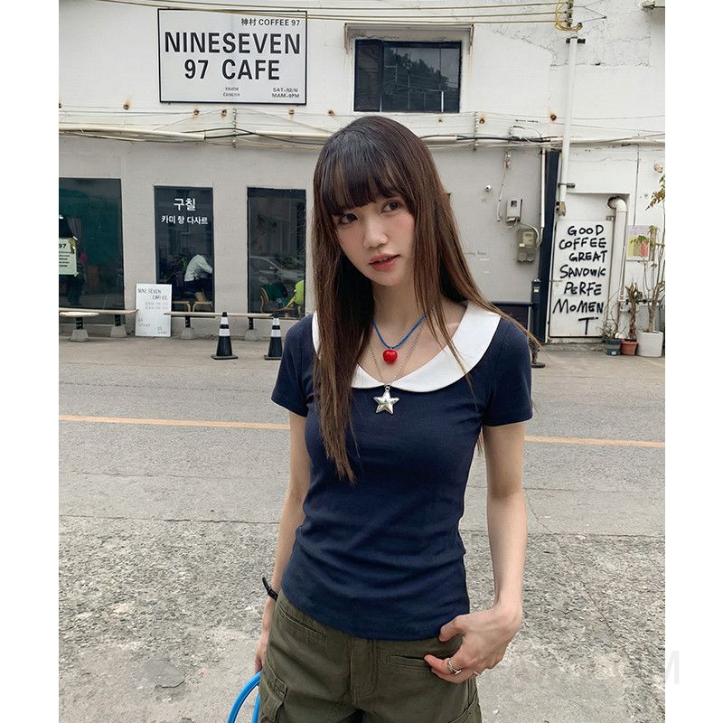 여성 캐주얼 슬림핏 면혼방 배색 피터팬 카라 반팔 티셔츠 데일리룩 오피스룩 출근룩 - 상세 이미지 4
